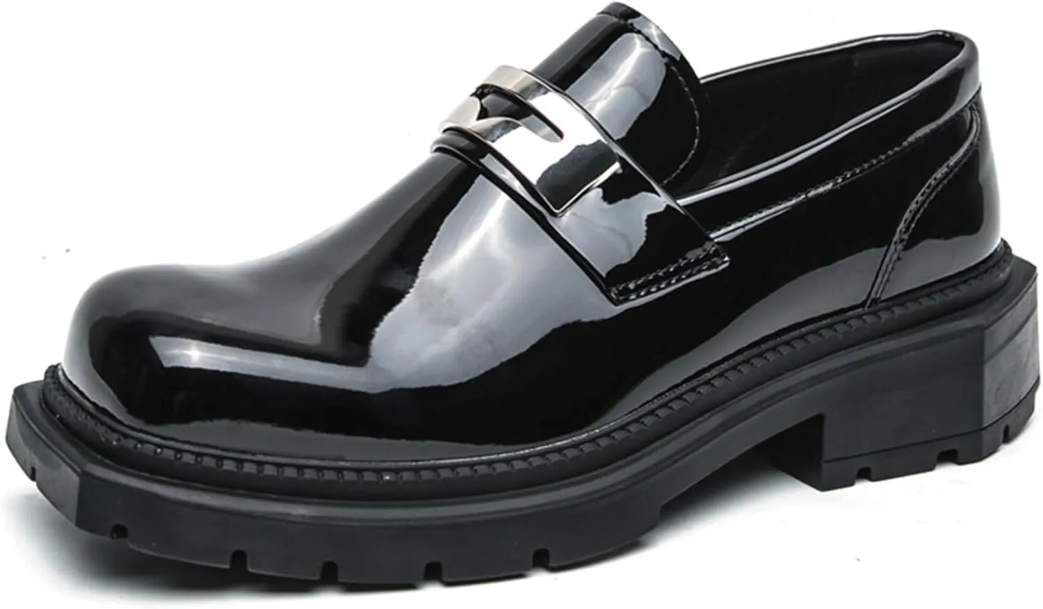 Men's Patent Leather Square Toe Platform Loafers Classic Slip-on Comfort Anti-Slip Lug Sole Low Chunky Heel Gothic Loafers for Business Work Driving Dress Casual Shoes