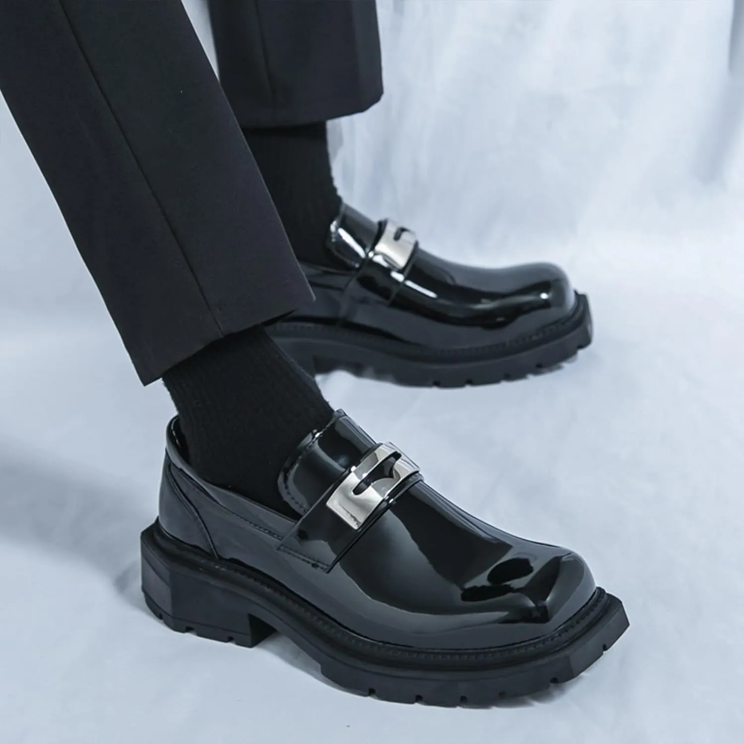 Men's Patent Leather Square Toe Platform Loafers Classic Slip-on Comfort Anti-Slip Lug Sole Low Chunky Heel Gothic Loafers for Business Work Driving Dress Casual Shoes