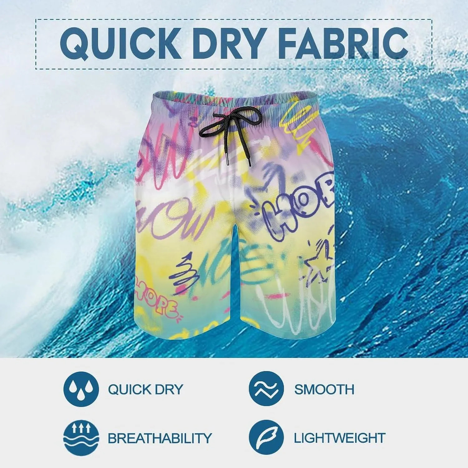Mens Peach Skin Beach Shorts Street Art Graffiti Urban Style Board Shorts Swim Trunks with Mesh Lining