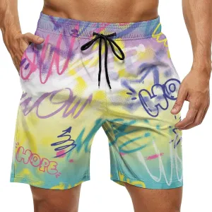 Mens Peach Skin Beach Shorts Street Art Graffiti Urban Style Board Shorts Swim Trunks with Mesh Lining