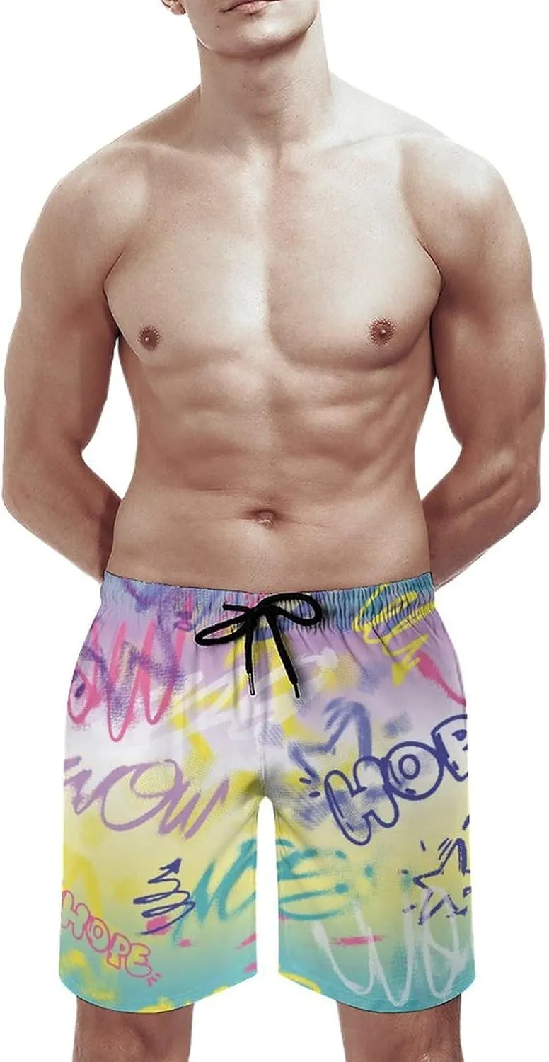 Mens Peach Skin Beach Shorts Street Art Graffiti Urban Style Board Shorts Swim Trunks with Mesh Lining