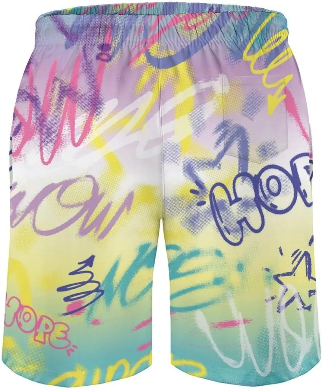 Mens Peach Skin Beach Shorts Street Art Graffiti Urban Style Board Shorts Swim Trunks with Mesh Lining