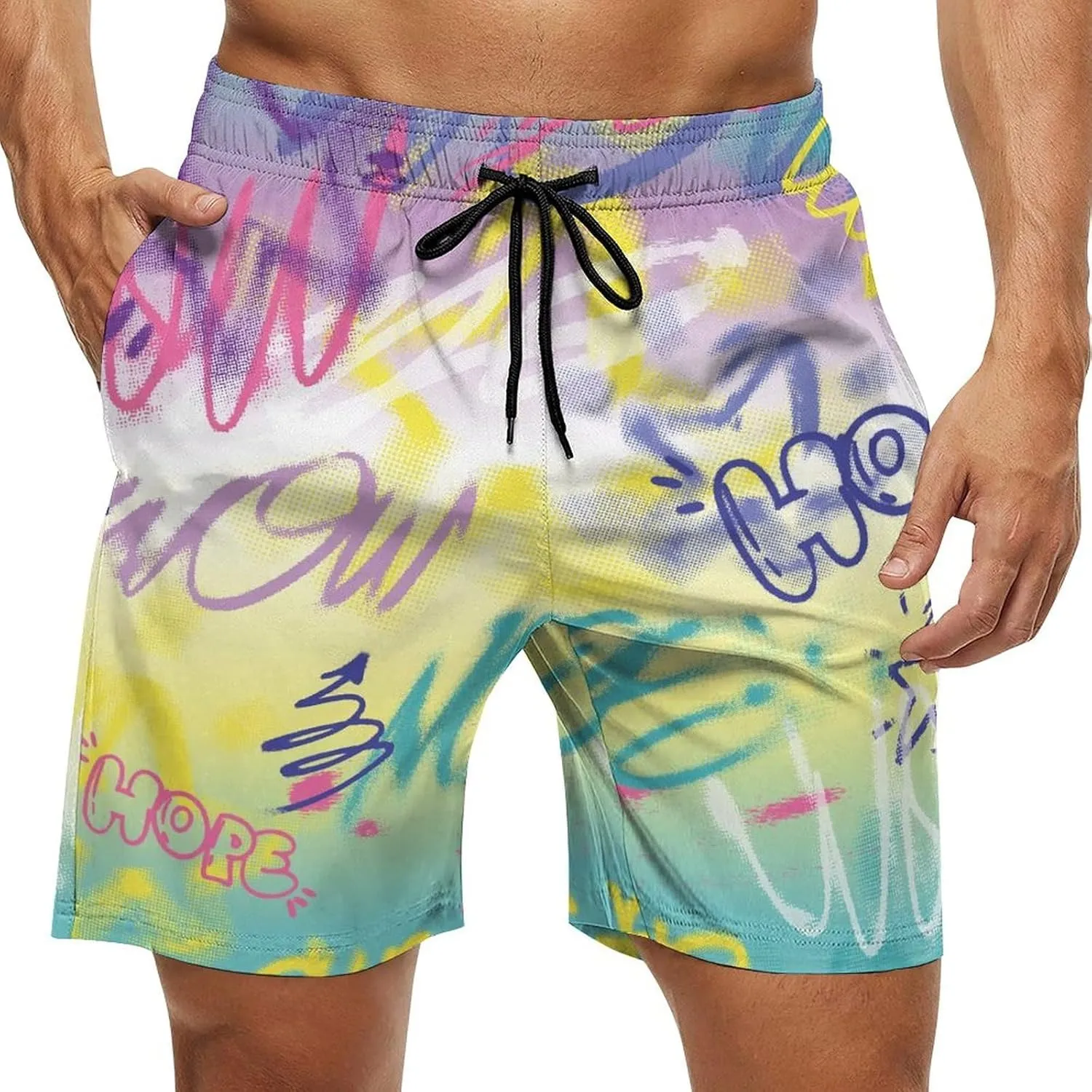 Mens Peach Skin Beach Shorts Street Art Graffiti Urban Style Board Shorts Swim Trunks with Mesh Lining
