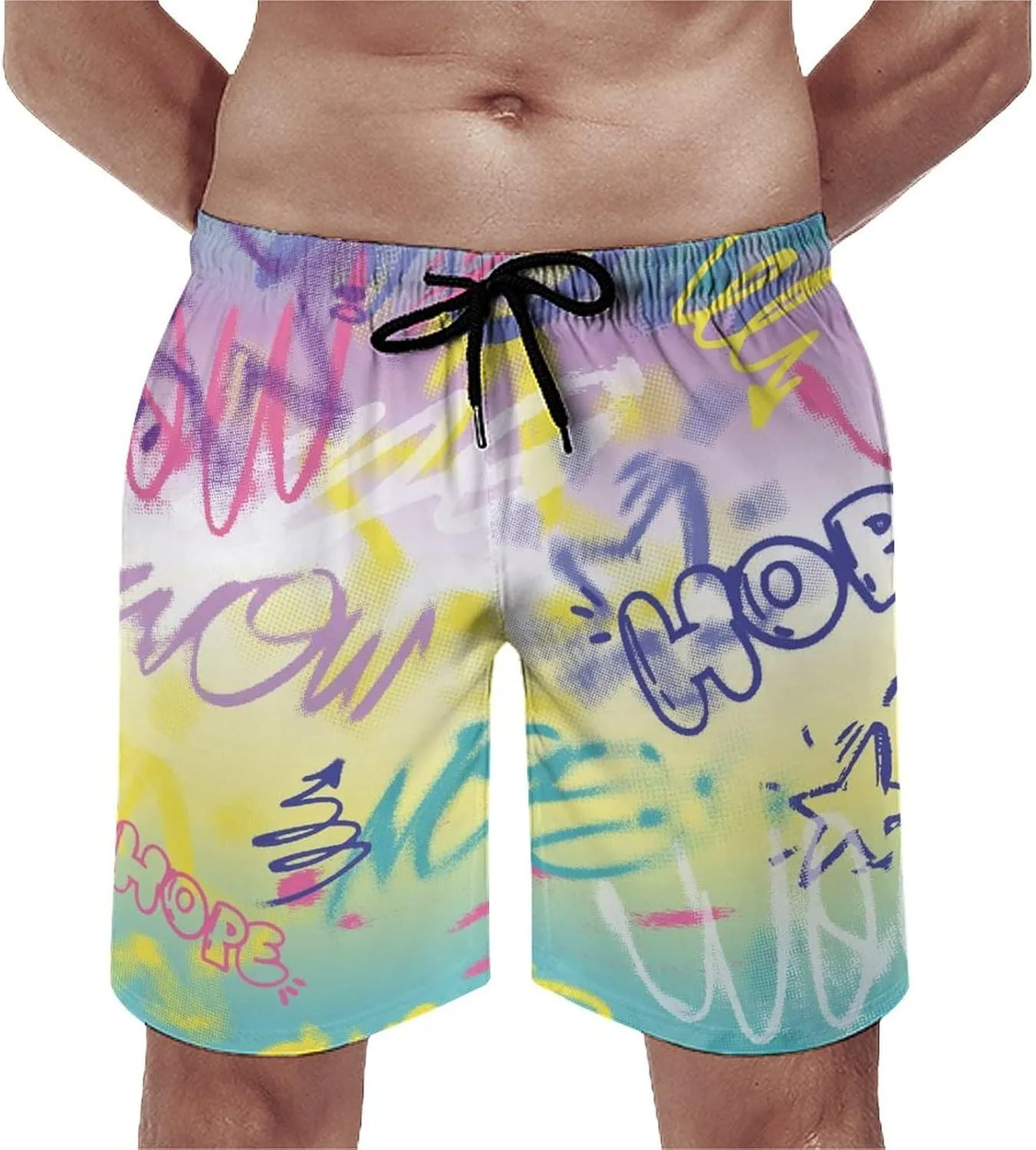 Mens Peach Skin Beach Shorts Street Art Graffiti Urban Style Board Shorts Swim Trunks with Mesh Lining