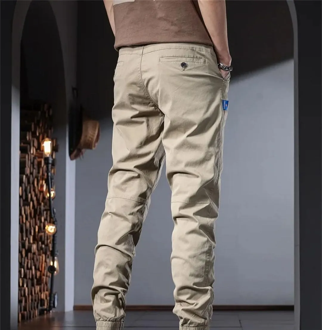 Men's Slim Fit Cotton Cargo Pants Zipper Fly Midweight Full-Length Streetwear Jogging Trousers