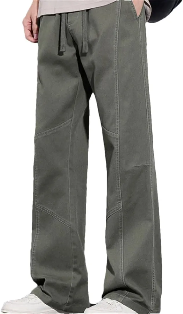 Men's Straight Leg Casual Pants Drawstring Waist Midweight Comfortable Fit Streetwear Trousers with Pockets