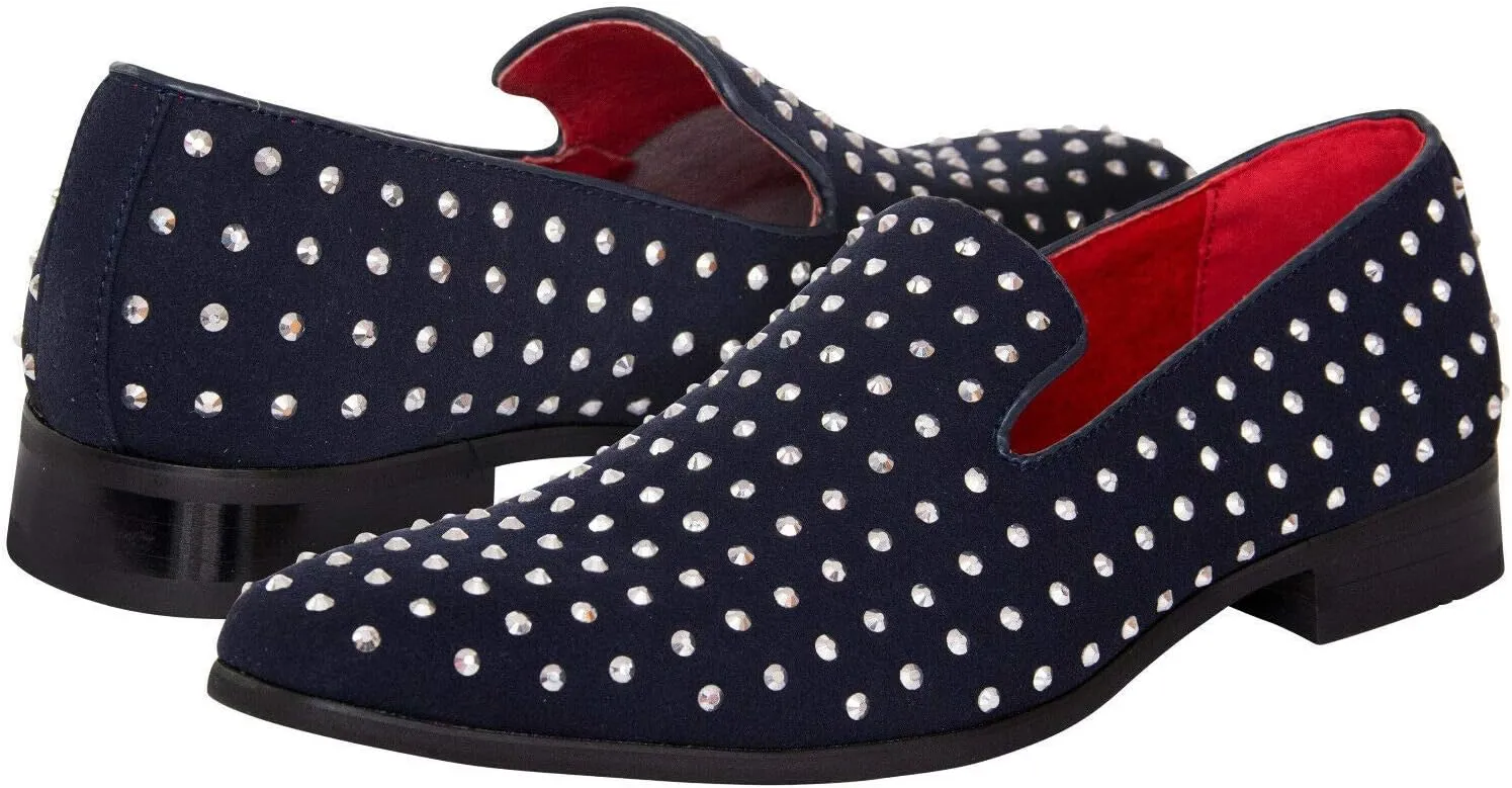 Men's Suede Leather Studded Slip On Shiny Smart Silver Spiked Casual Party Dancing Loafers Moccasin Shoes