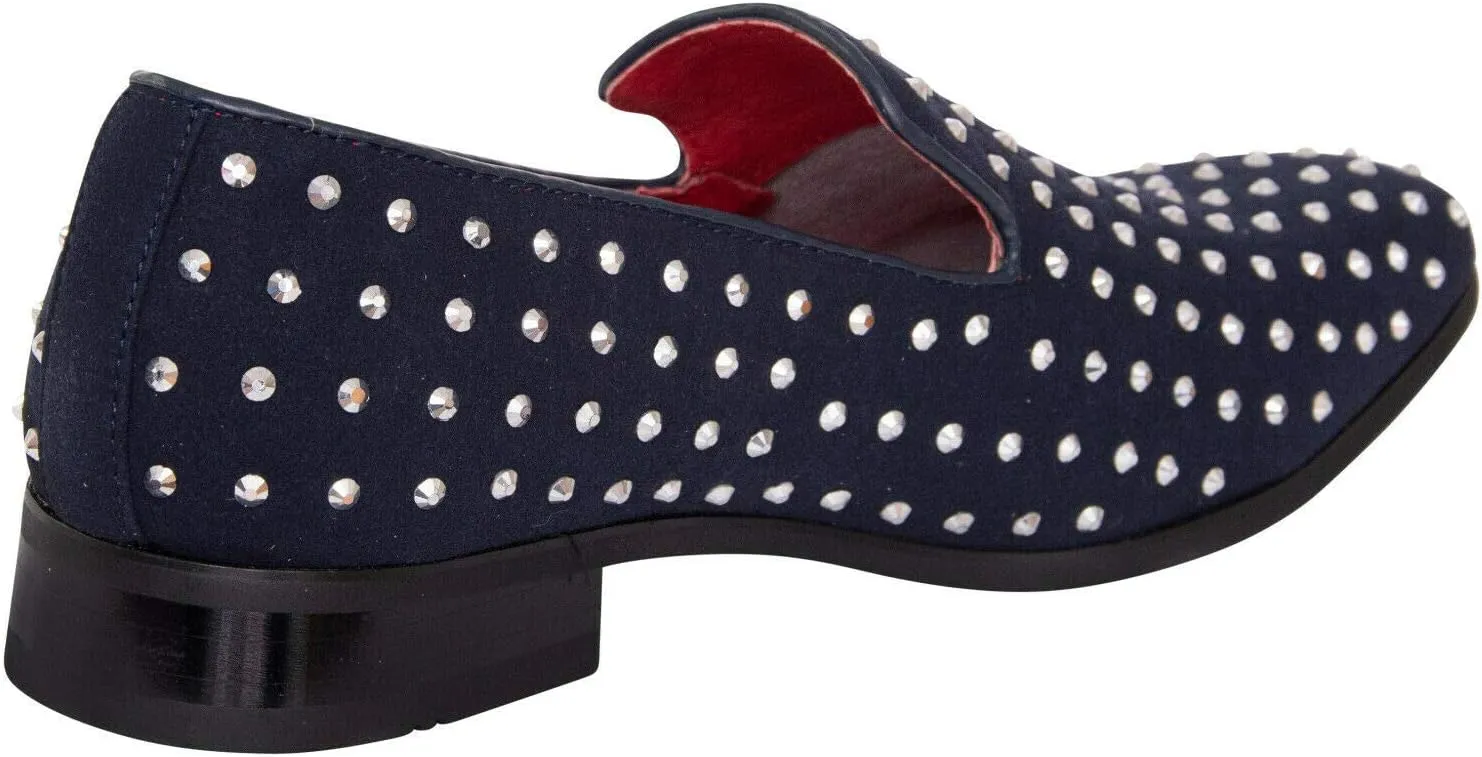Men's Suede Leather Studded Slip On Shiny Smart Silver Spiked Casual Party Dancing Loafers Moccasin Shoes