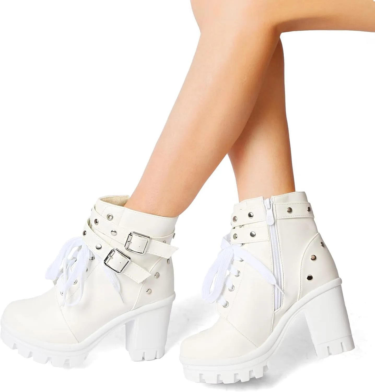 MEOTINA Goth Platform Boots Chunky High Heels Ankle Boots Lace Buckle Gothic Cosplay Booties Zipper Punk Shoes