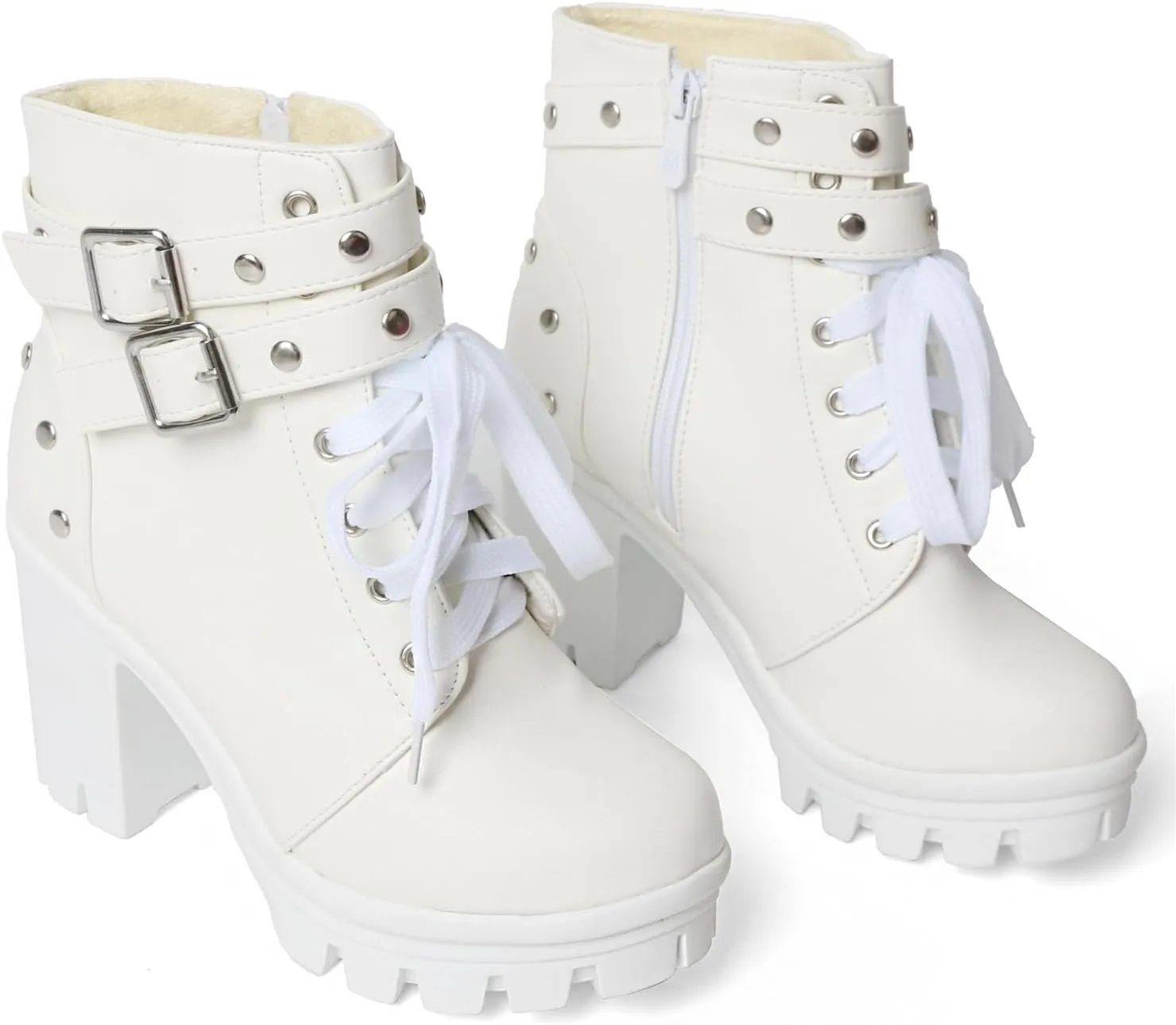 MEOTINA Goth Platform Boots Chunky High Heels Ankle Boots Lace Buckle Gothic Cosplay Booties Zipper Punk Shoes