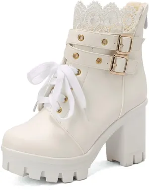 MEOTINA Goth Platform Boots Lace Buckle Gothic Cosplay Booties Chunky High Heels Ankle Boots Zipper Punk Shoes