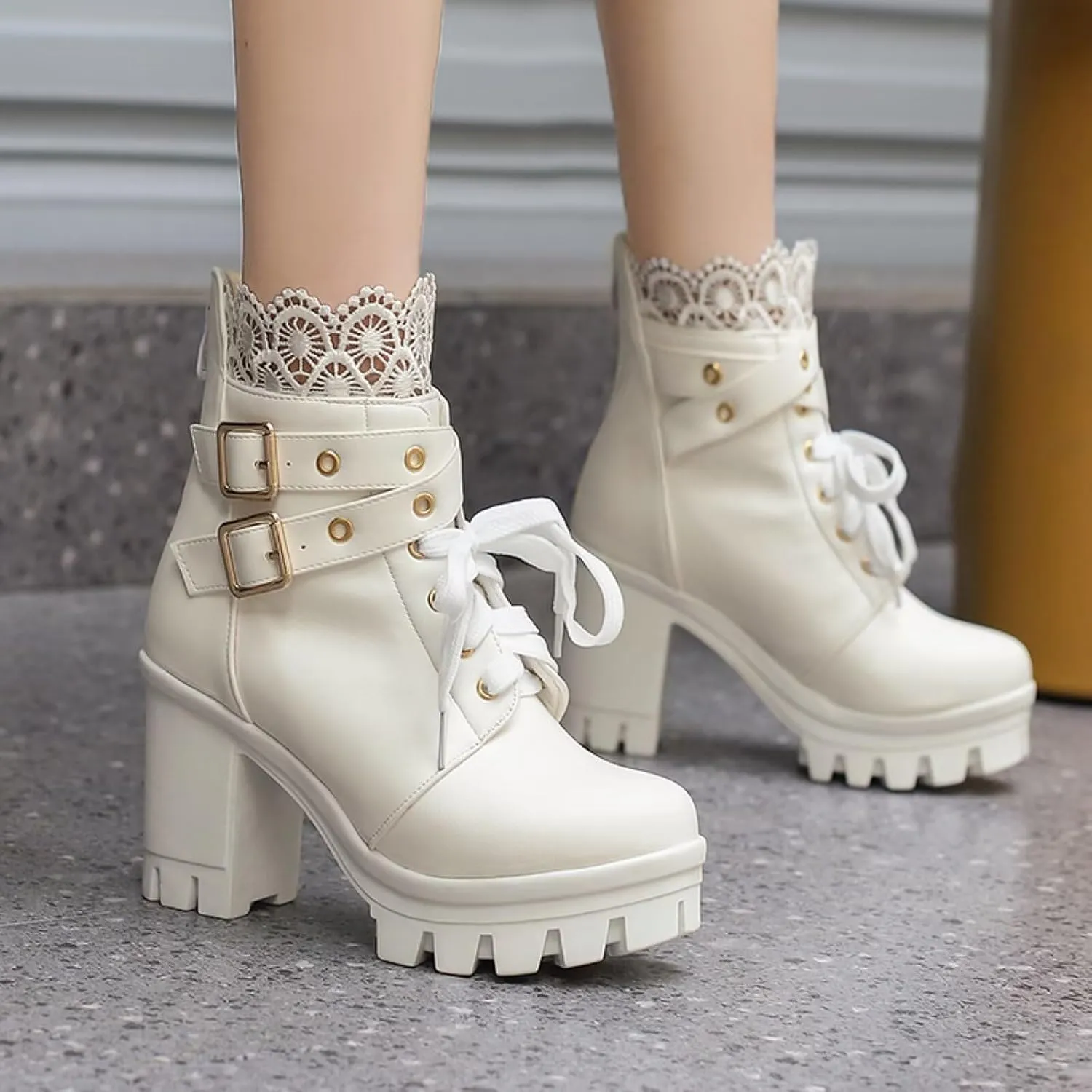 MEOTINA Goth Platform Boots Lace Buckle Gothic Cosplay Booties Chunky High Heels Ankle Boots Zipper Punk Shoes