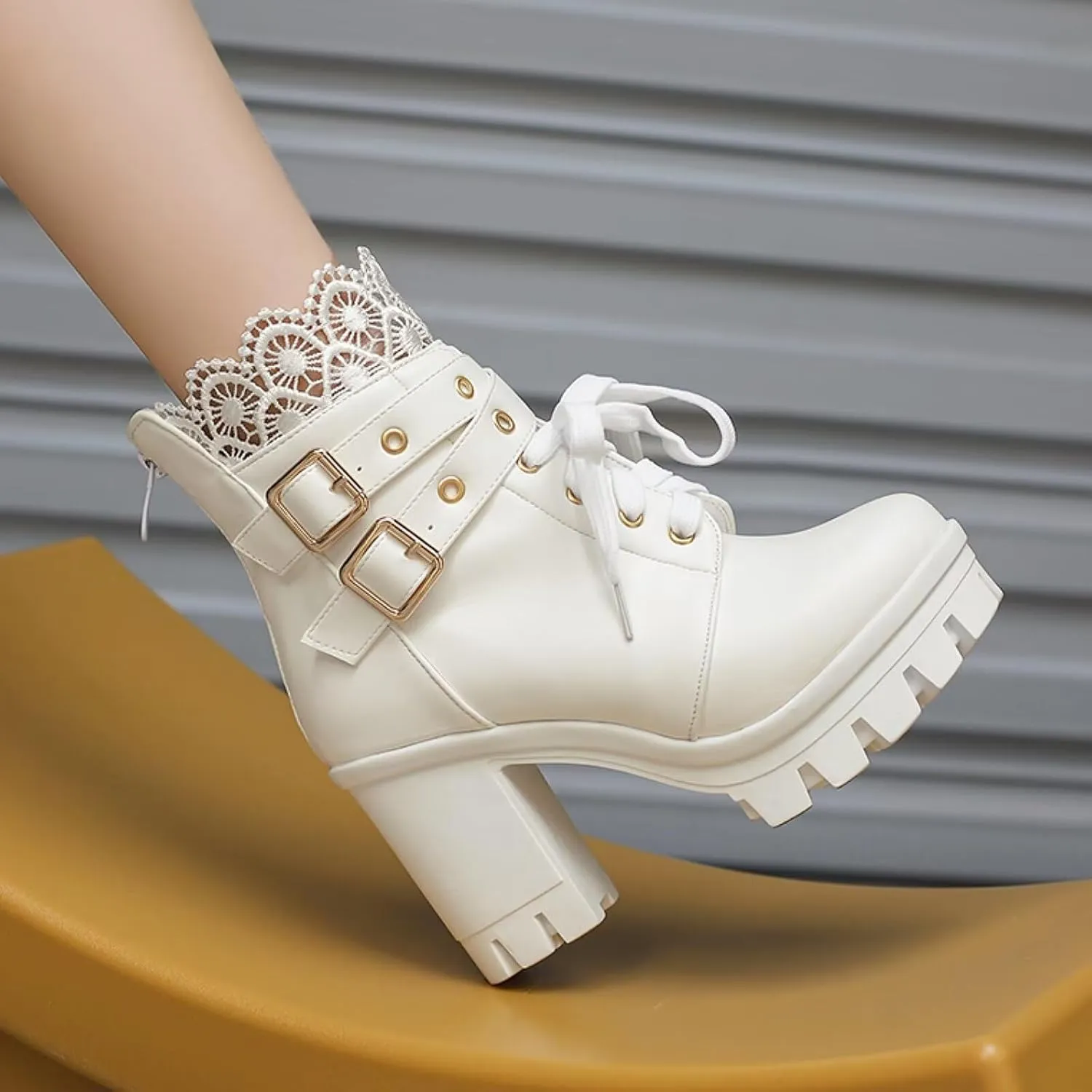 MEOTINA Goth Platform Boots Lace Buckle Gothic Cosplay Booties Chunky High Heels Ankle Boots Zipper Punk Shoes