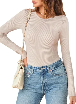 MEROKEETY Women's Long Sleeve Ribbed Bodysuits Crew Neck Slim Body Suits 2025 Knit Sweater Tops