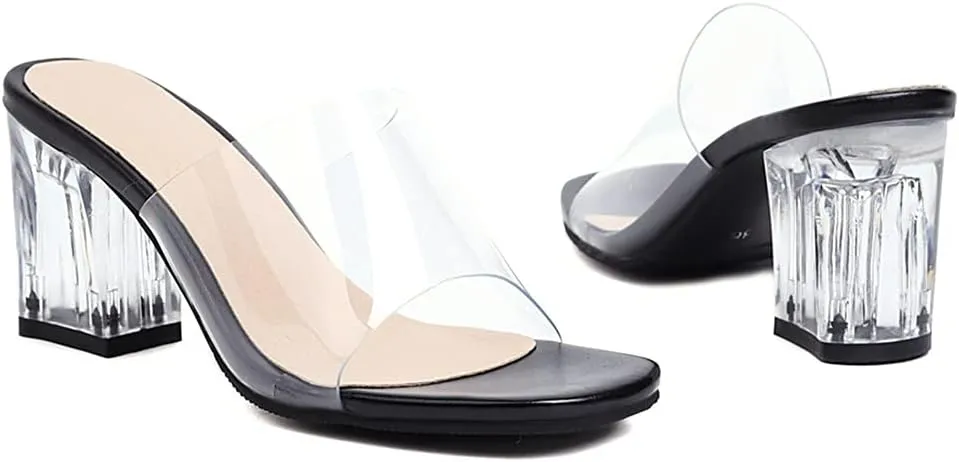 MIOKE Women's Clear Open Toe Heeled Slide Sandals Bowtie Slip On Block Low Heel Jelly Summer Dress Sandal