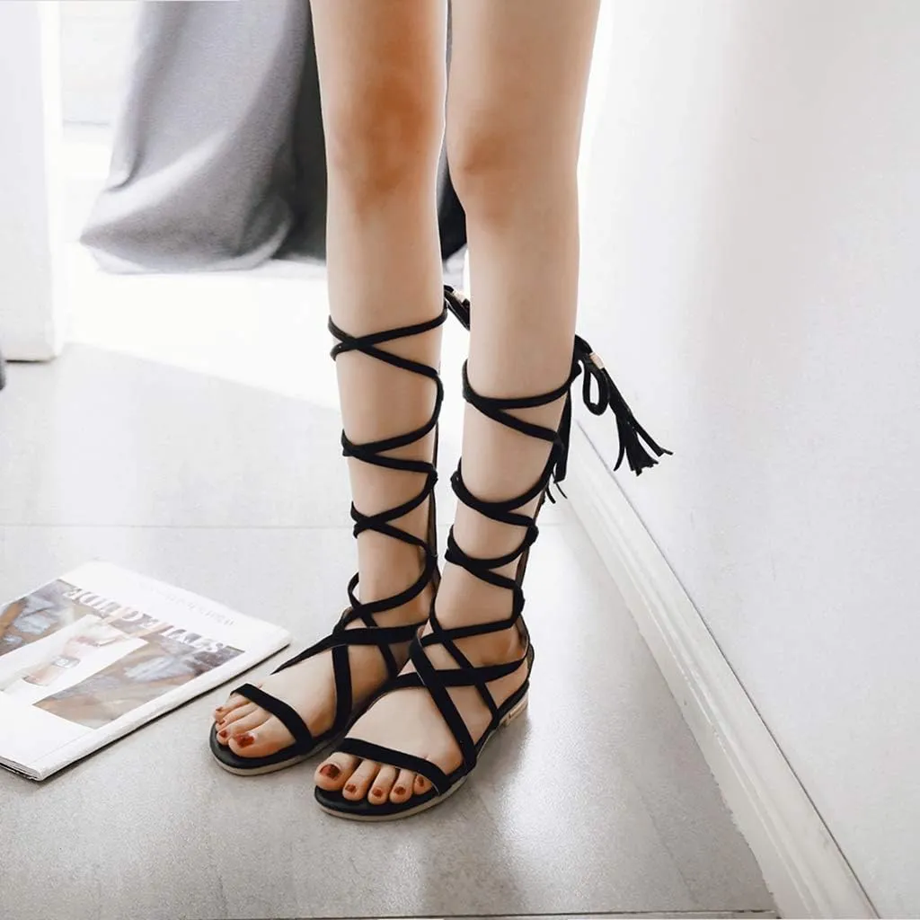 MIOKE Women's Gladiator Knee High Flat Sandals Lace Up Strappy Open Toe Summer Comfort Tassel Roman Boots