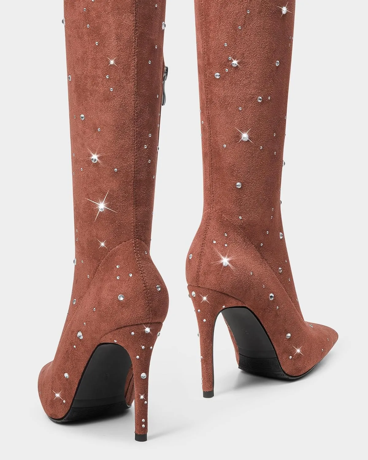 MUCCCUTE Thigh High Suede Boots for Women - Over The Knee Rhinestone Boots Pointed Toe Stiletto High Heel Side Zipper Tall Boots