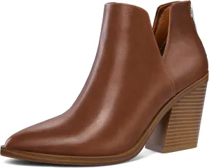 mysoft Women's Ankle Boots Slip on Cutout Pointed Toe Chunky Stacked Mid Heel Booties