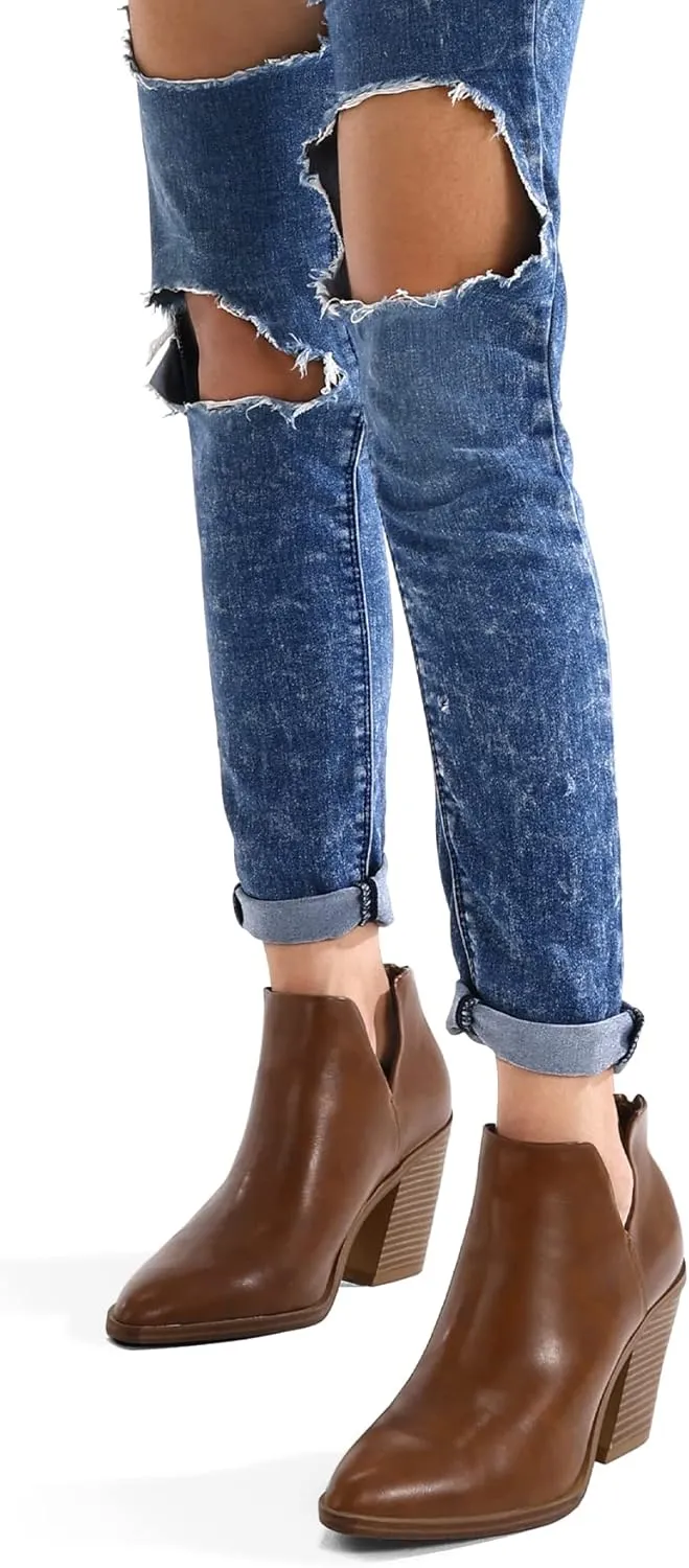 mysoft Women's Ankle Boots Slip on Cutout Pointed Toe Chunky Stacked Mid Heel Booties