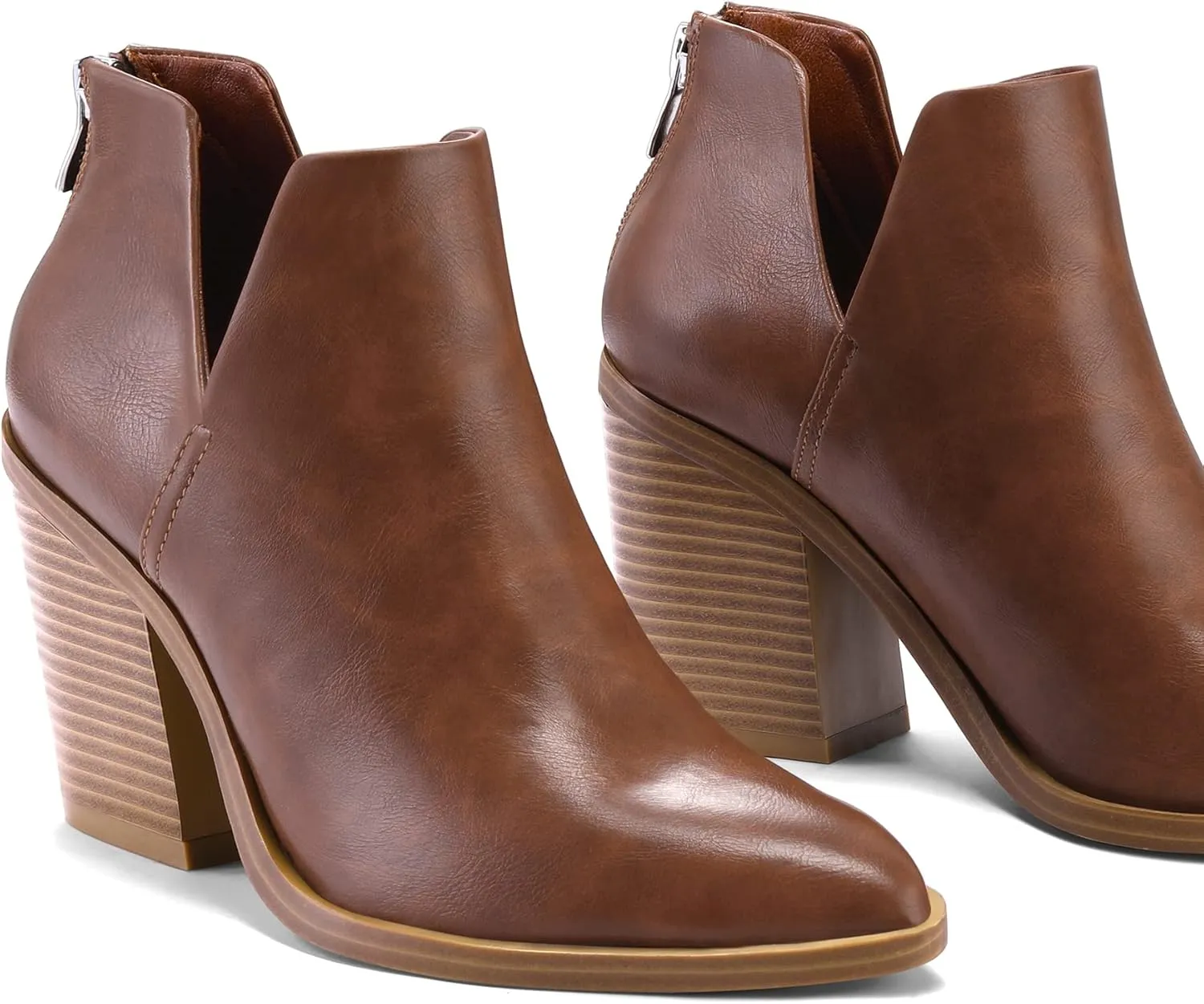 mysoft Women's Ankle Boots Slip on Cutout Pointed Toe Chunky Stacked Mid Heel Booties