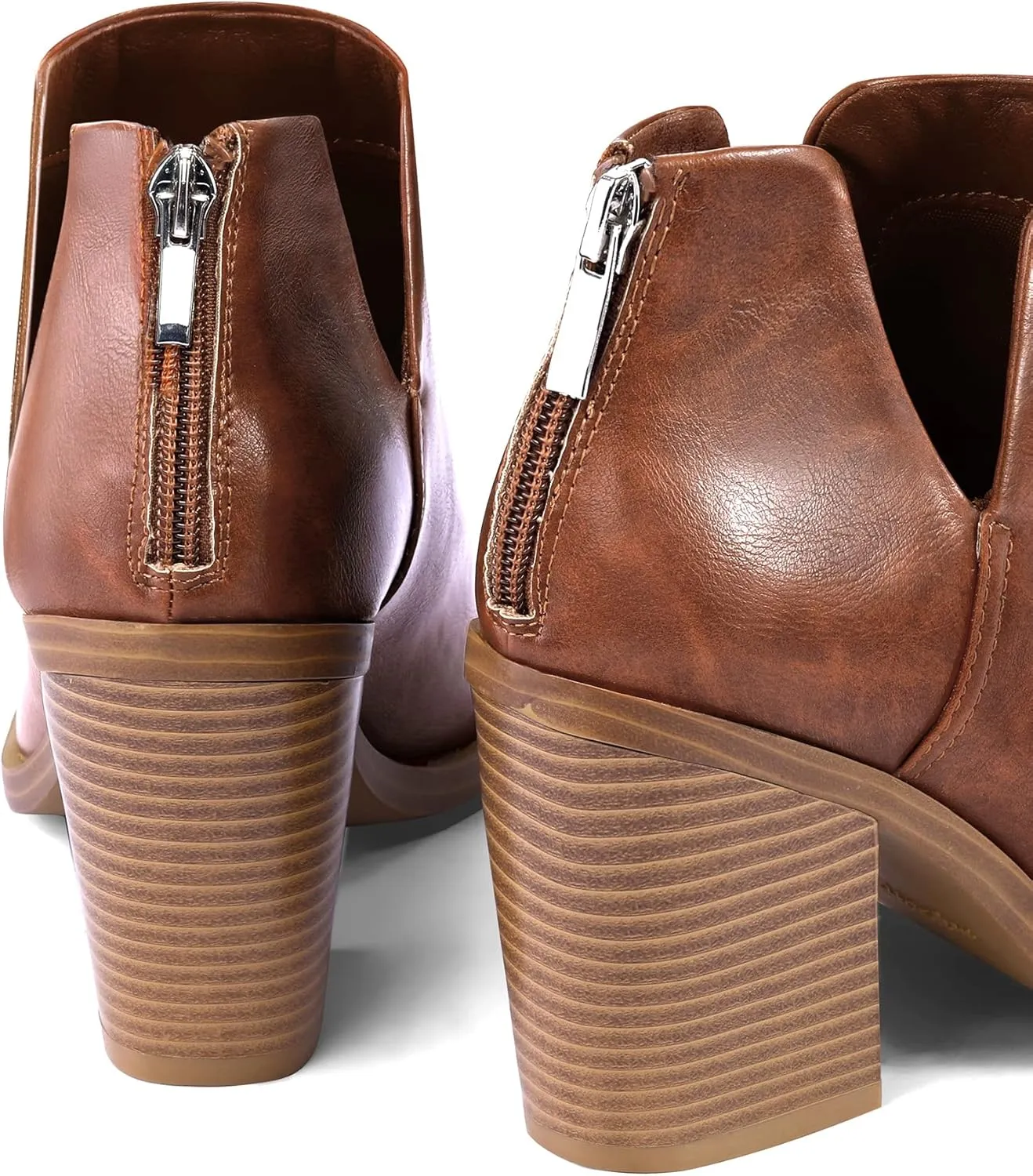 mysoft Women's Ankle Boots Slip on Cutout Pointed Toe Chunky Stacked Mid Heel Booties