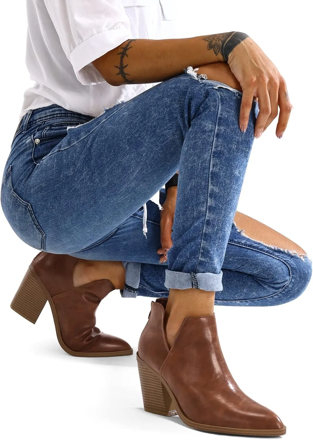 mysoft Women's Ankle Boots Slip on Cutout Pointed Toe Chunky Stacked Mid Heel Booties