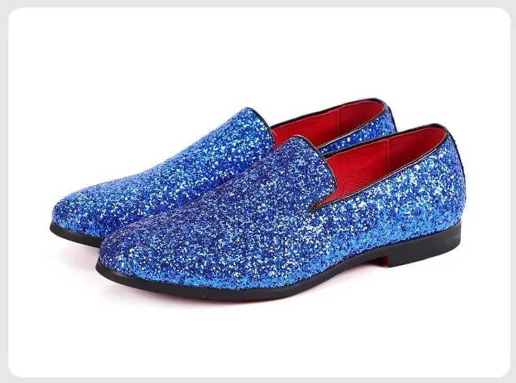 New Mens Loafers Shoe Pointed Toe Shiny PU Leather Smoking Shoes Slip Resistant Flat Heel Flexible Fashion Slip-on