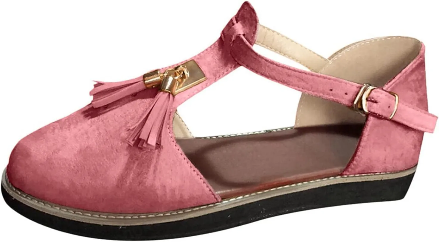 oiangi Fringed Sandals for Women Casual Summer Round Toe Closed Toe Buckle Tassel Flats Solid Comfortable Ladies Outdoor Non-Slip Shoes Sandalias