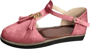 oiangi Fringed Sandals for Women Casual Summer Round Toe Closed Toe Buckle Tassel Flats Solid Comfortable Ladies Outdoor Non-Slip Shoes Sandalias