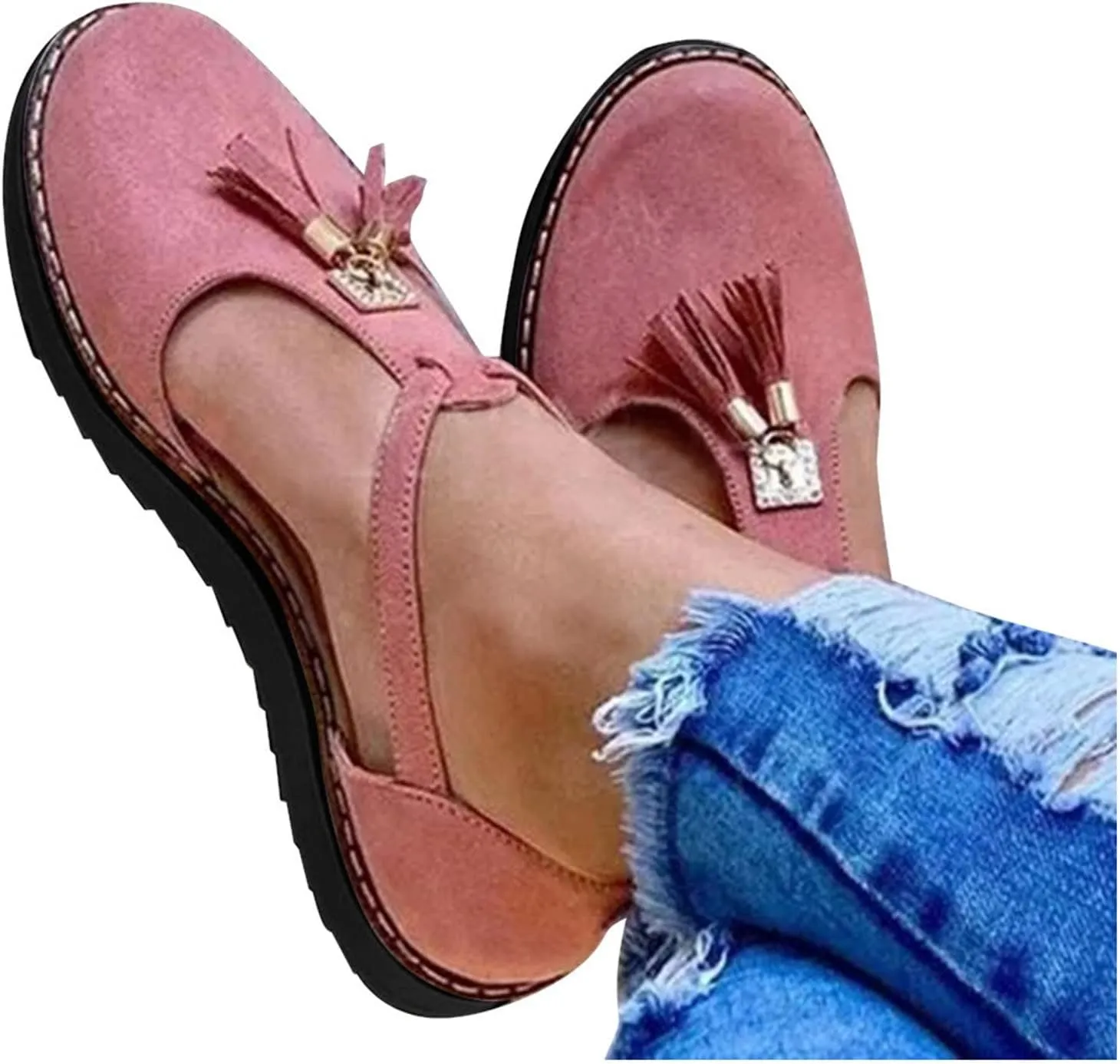 oiangi Fringed Sandals for Women Casual Summer Round Toe Closed Toe Buckle Tassel Flats Solid Comfortable Ladies Outdoor Non-Slip Shoes Sandalias