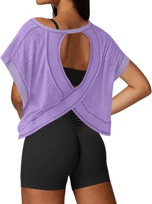 Open Back Workout Tops for Women Loose Fit Athletic Crop Tee Short Sleeve Gym Running Yoga Shirt