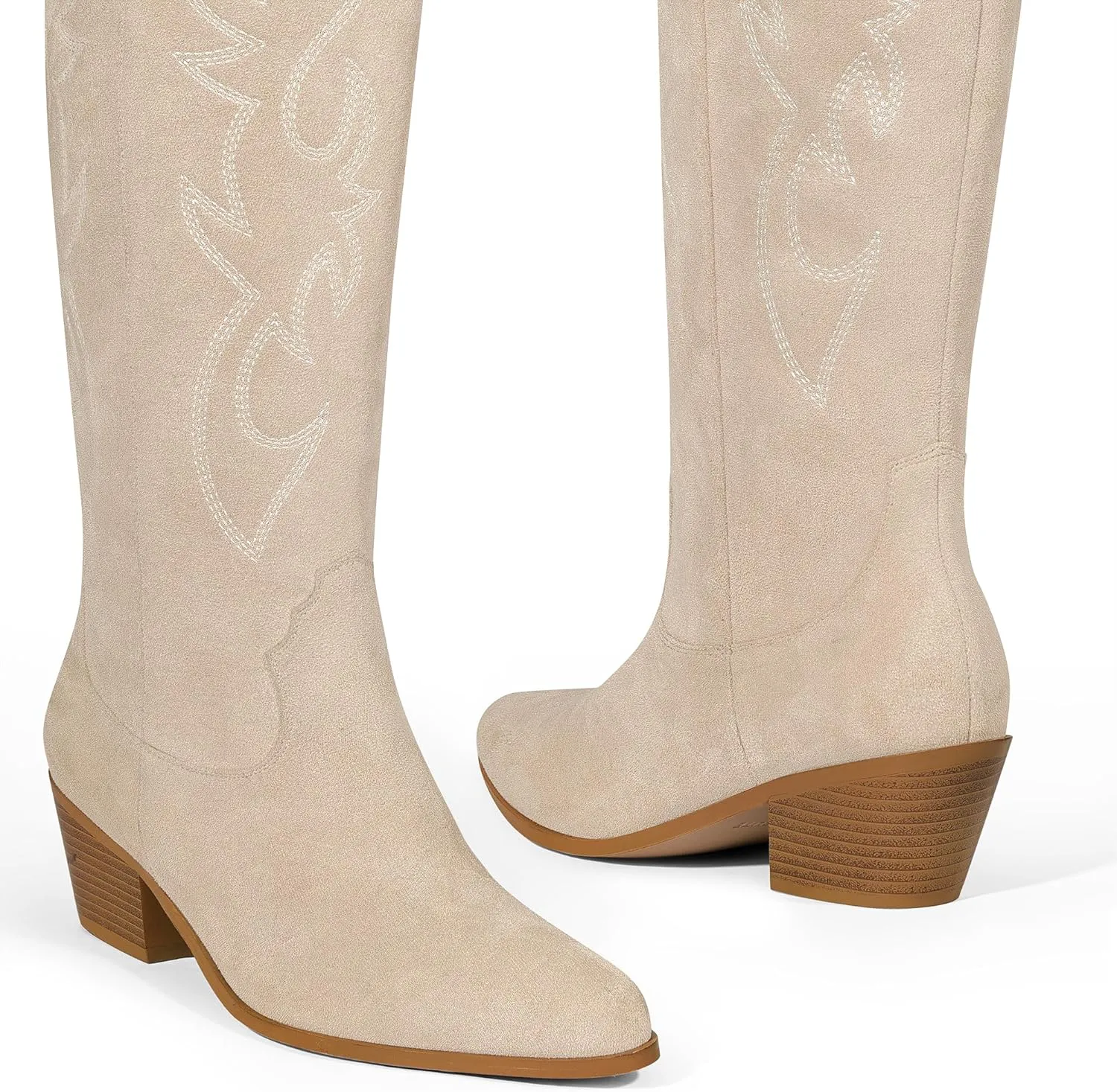 Ouepiano Cowboy Boots for Women Knee High Cowgirl Boots Embroidered Chunky Heels Pointed Toe Long Tall Western Boot Pull On