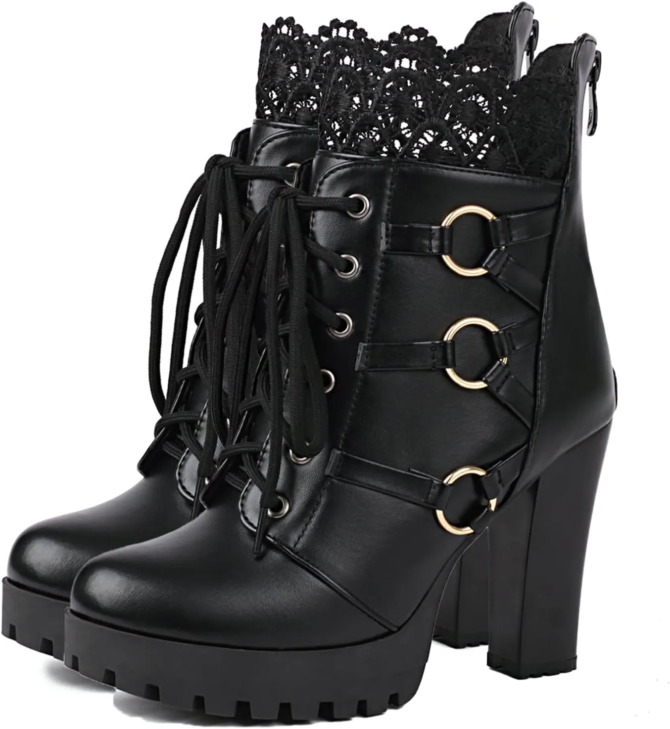 Platform Boots For Women Black Chunky Boot Goth Ankle Booties Bead Lace Lolita Dress Shoes With Zipper