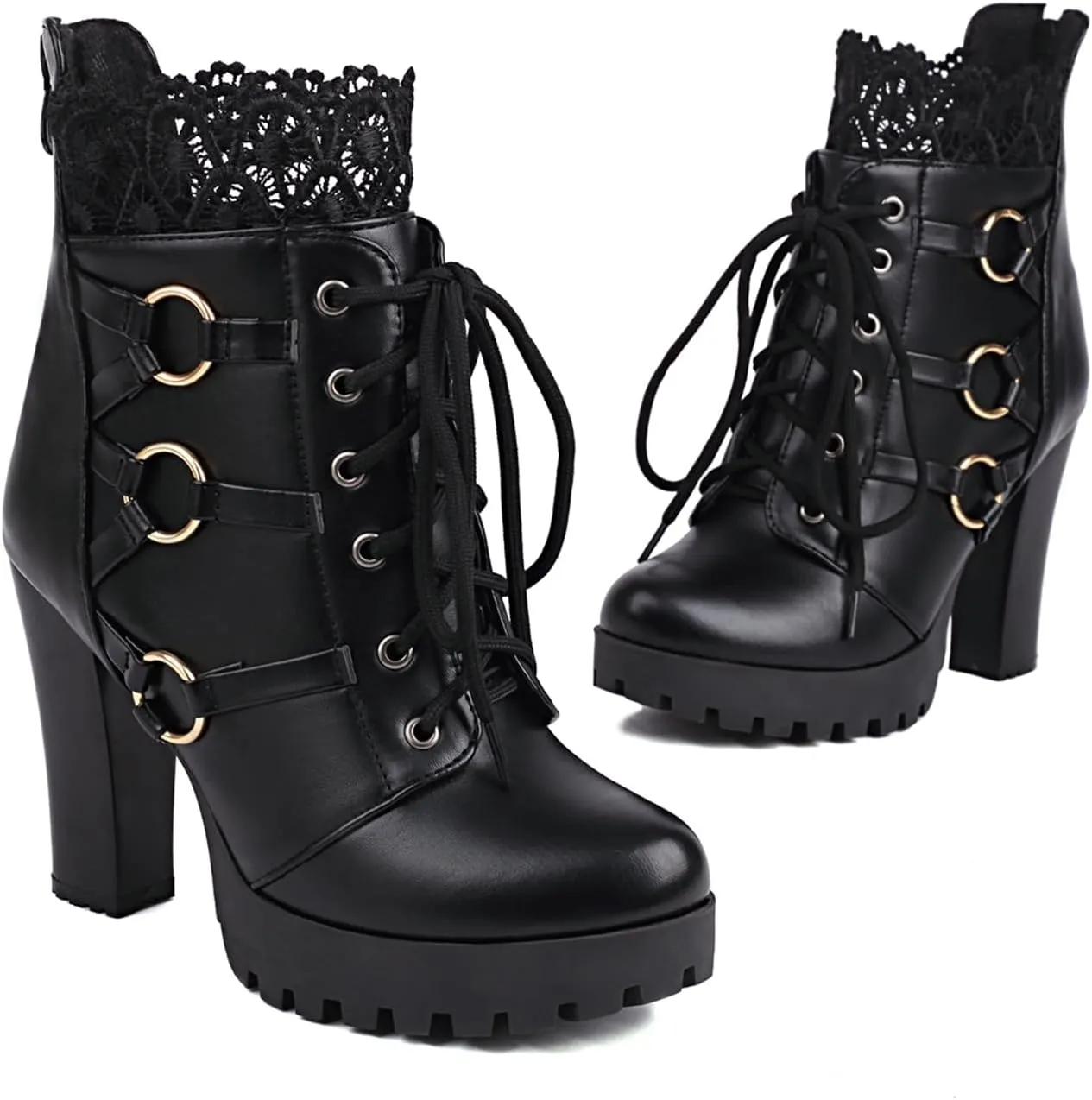 Platform Boots For Women Black Chunky Boot Goth Ankle Booties Bead Lace Lolita Dress Shoes With Zipper