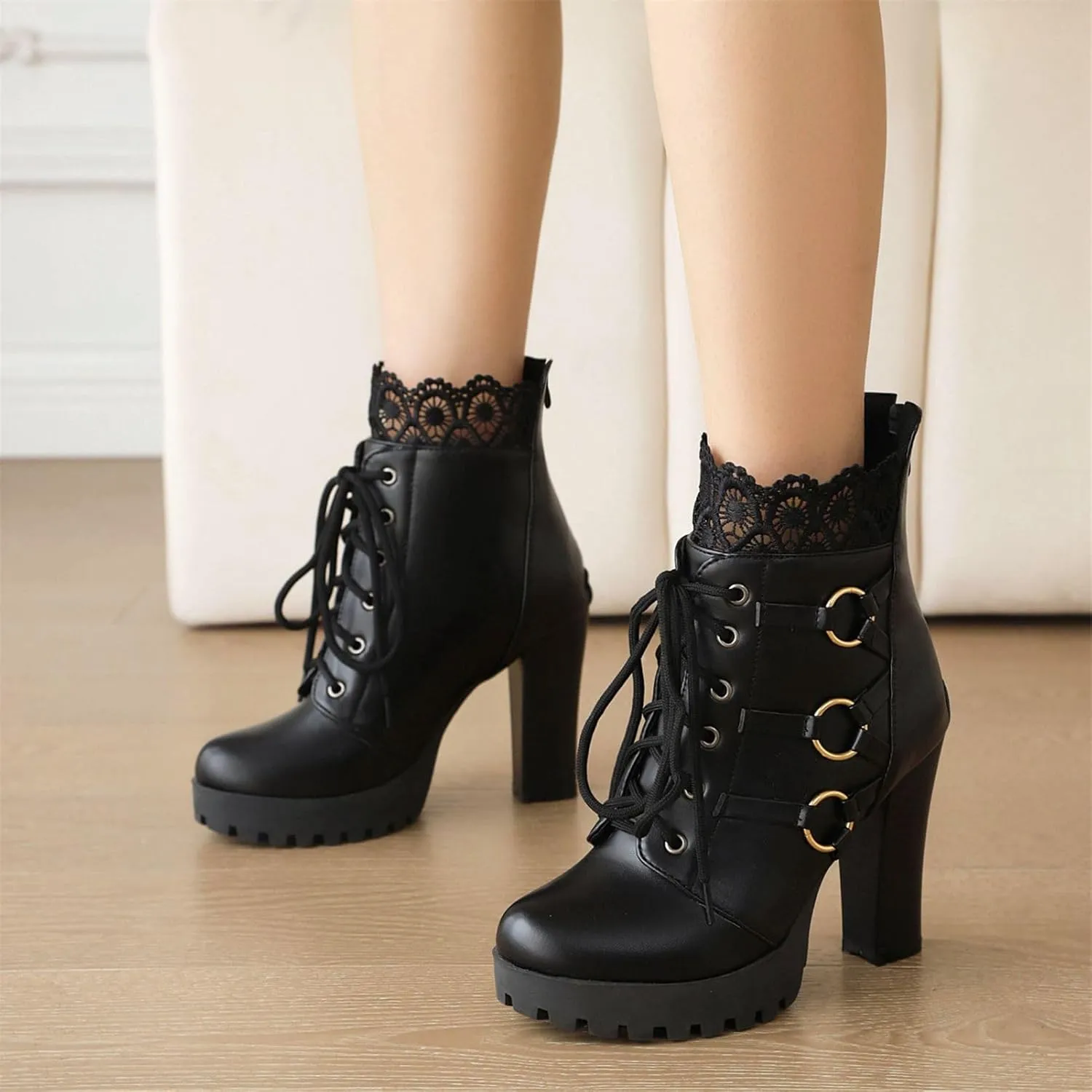 Platform Boots For Women Black Chunky Boot Goth Ankle Booties Bead Lace Lolita Dress Shoes With Zipper