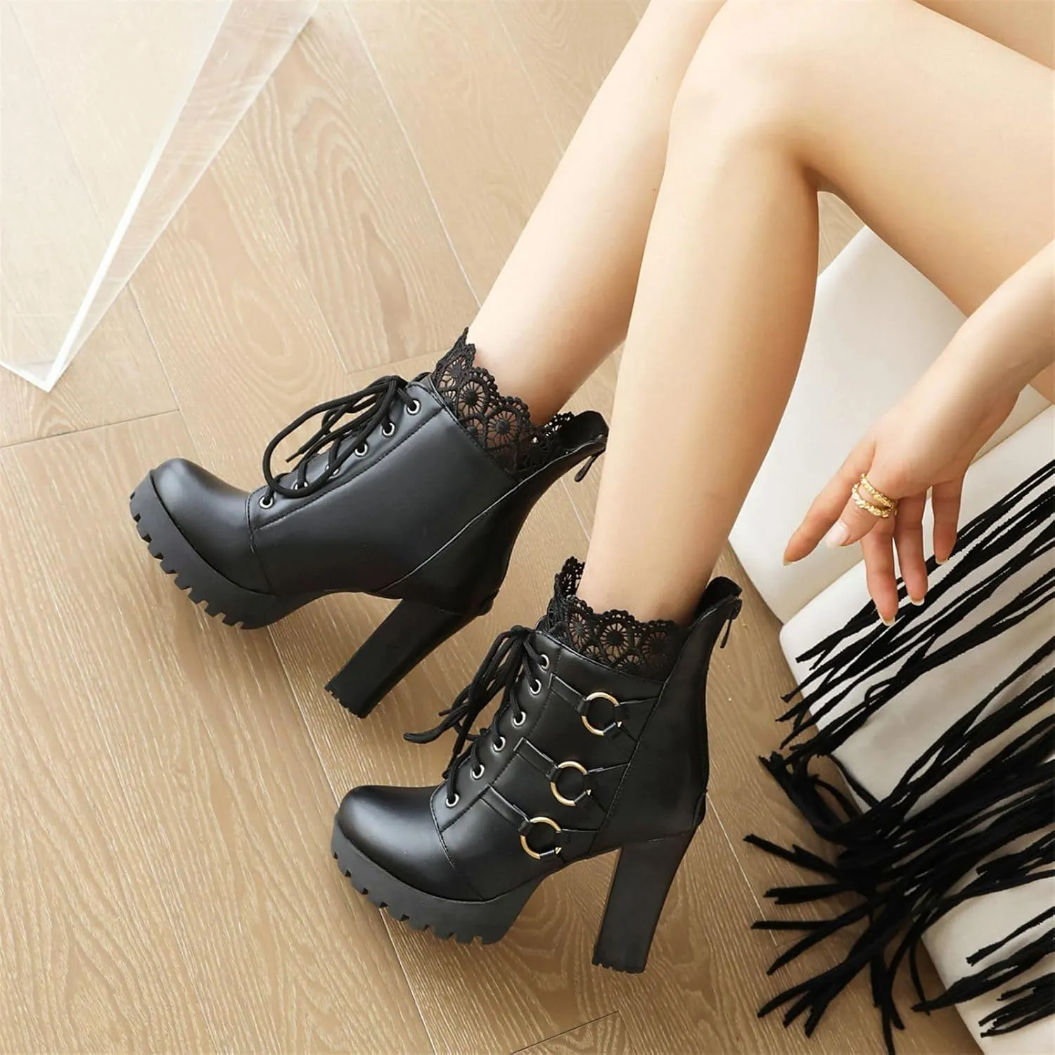 Platform Boots For Women Black Chunky Boot Goth Ankle Booties Bead Lace Lolita Dress Shoes With Zipper