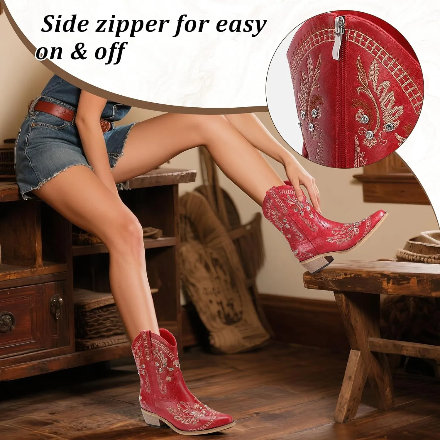 Rhinestone Ankle Cowboy Boots for Women Embroidered Short Cowgirl Boots With Low Heel Side Zipper Comfortable Chunky Heels Western Booties For Prom Party Wedding Pull On Shoes