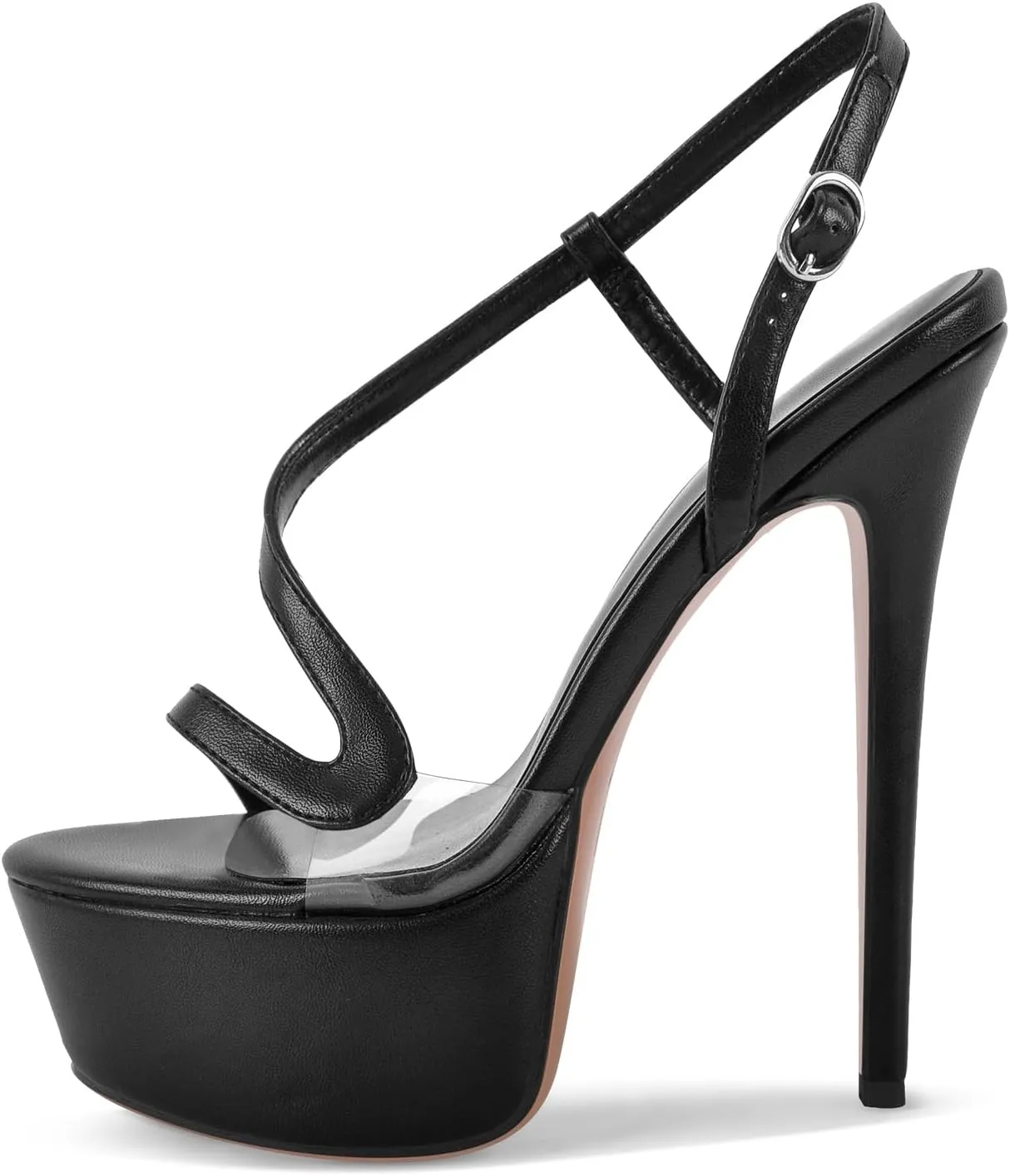 richealnini Black Strappy Heels for Women Clear Platform Sandals with Buckle Ankle Strap Stiletto High Heeled Sandals Wedding Dance Shoes Dress