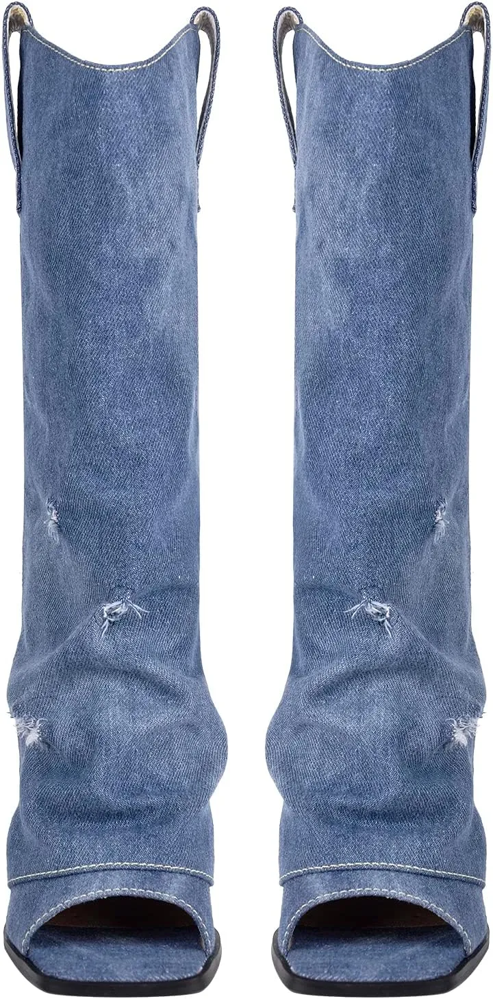 richealnini Sexy Square Peep Toe Sandals Fold Over Denim Heeled Sandals for Women Fashion Street Trends Party Dress