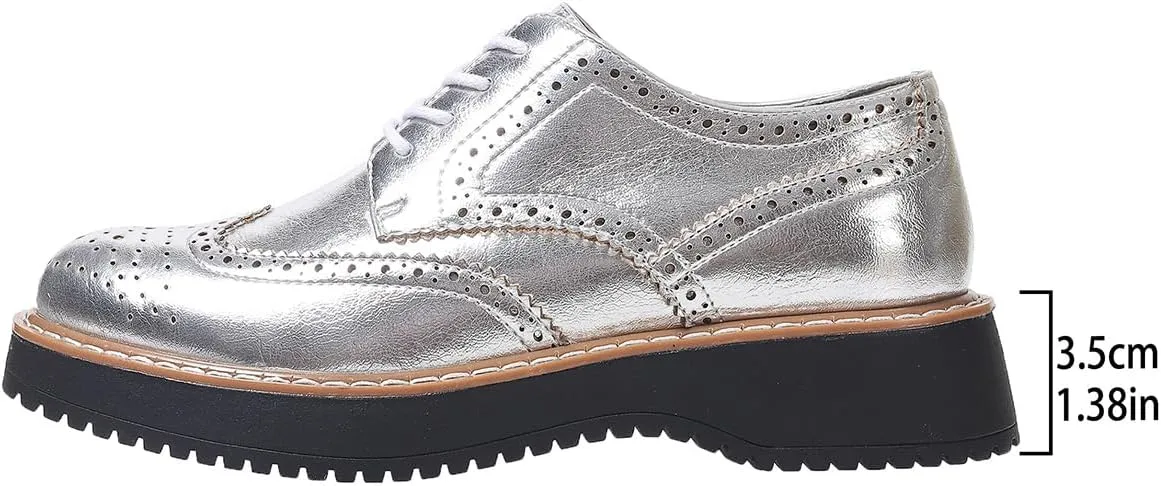 SACFOF Oxford Shoes for Women Round Toe Wingtips Brogues Lace up Platform Loafers Business Casual Office Dress Shoes