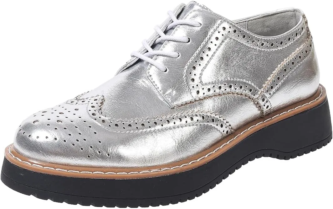 SACFOF Oxford Shoes for Women Round Toe Wingtips Brogues Lace up Platform Loafers Business Casual Office Dress Shoes