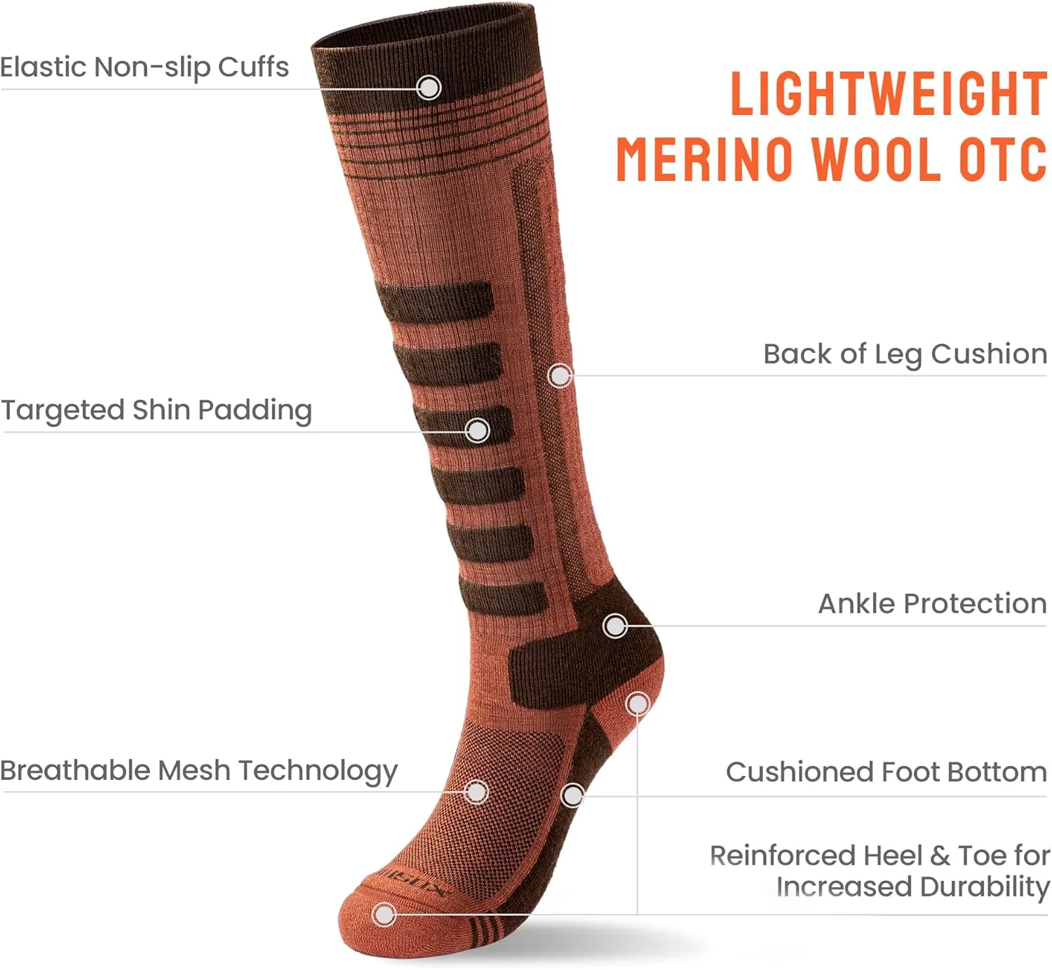 SAMSOX 2-Pair Merino Wool Ski Socks, Made in USA Over-the-Calf Skiing and Snowboarding Socks for Men & Women (Ashland)