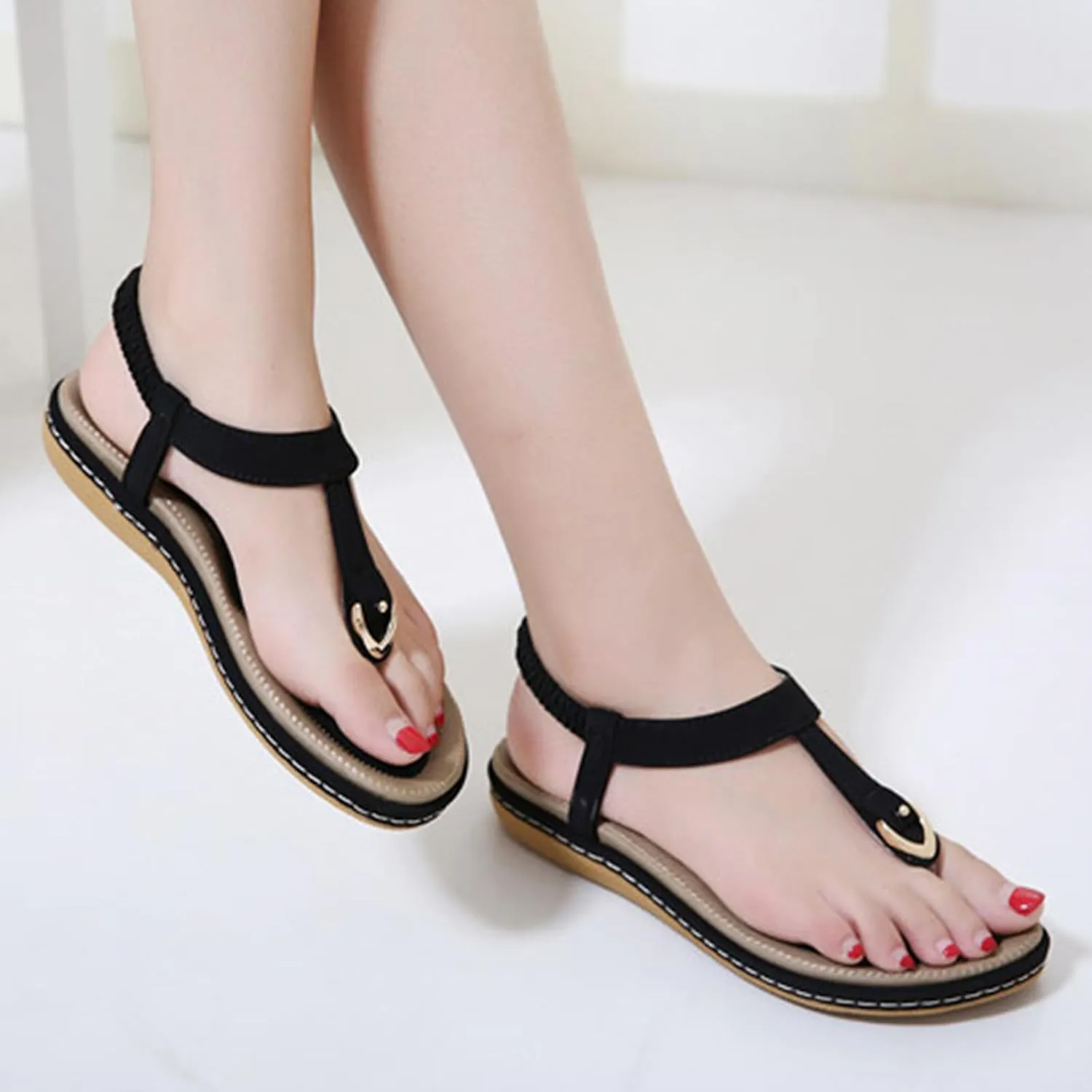 Sandals for Women Arch Support Open Toe Soft Beach Slip-On Wedge Platform with Twist Knot Bow Summer Non Slip Dressy Flat 2025 Bohemian T-Strap Low Heel Slipper Flip Flop Thong