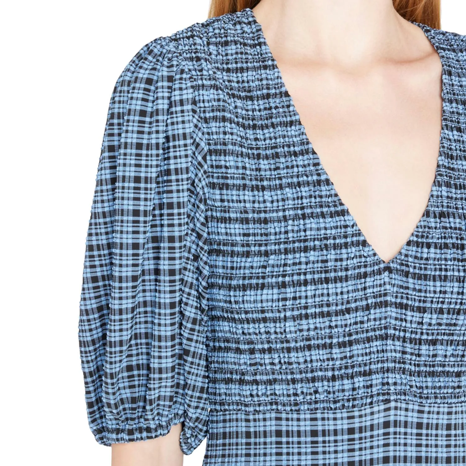 SEERSUCKER SMOCKED MIDI DRESS