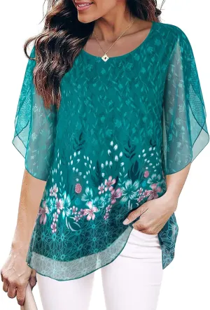 SeSe Code Womens Ruffle 3/4 Sleeve Mesh Blouses Loose Flowy Tops Stretchy Shirts