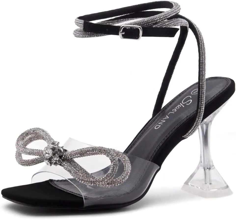 Shoe Land SL-NAOMI Women's Double Bowknots Crystal Sandals, Clear Slingback Heels with Square Open Toe – Dressy Rhinestone High Heels for Party Wedding and Prom