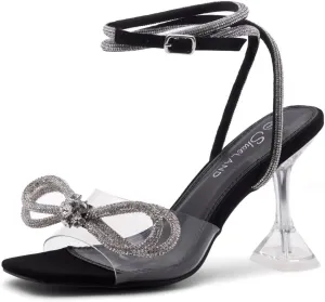 Shoe Land SL-NAOMI Women's Double Bowknots Crystal Sandals, Clear Slingback Heels with Square Open Toe – Dressy Rhinestone High Heels for Party Wedding and Prom
