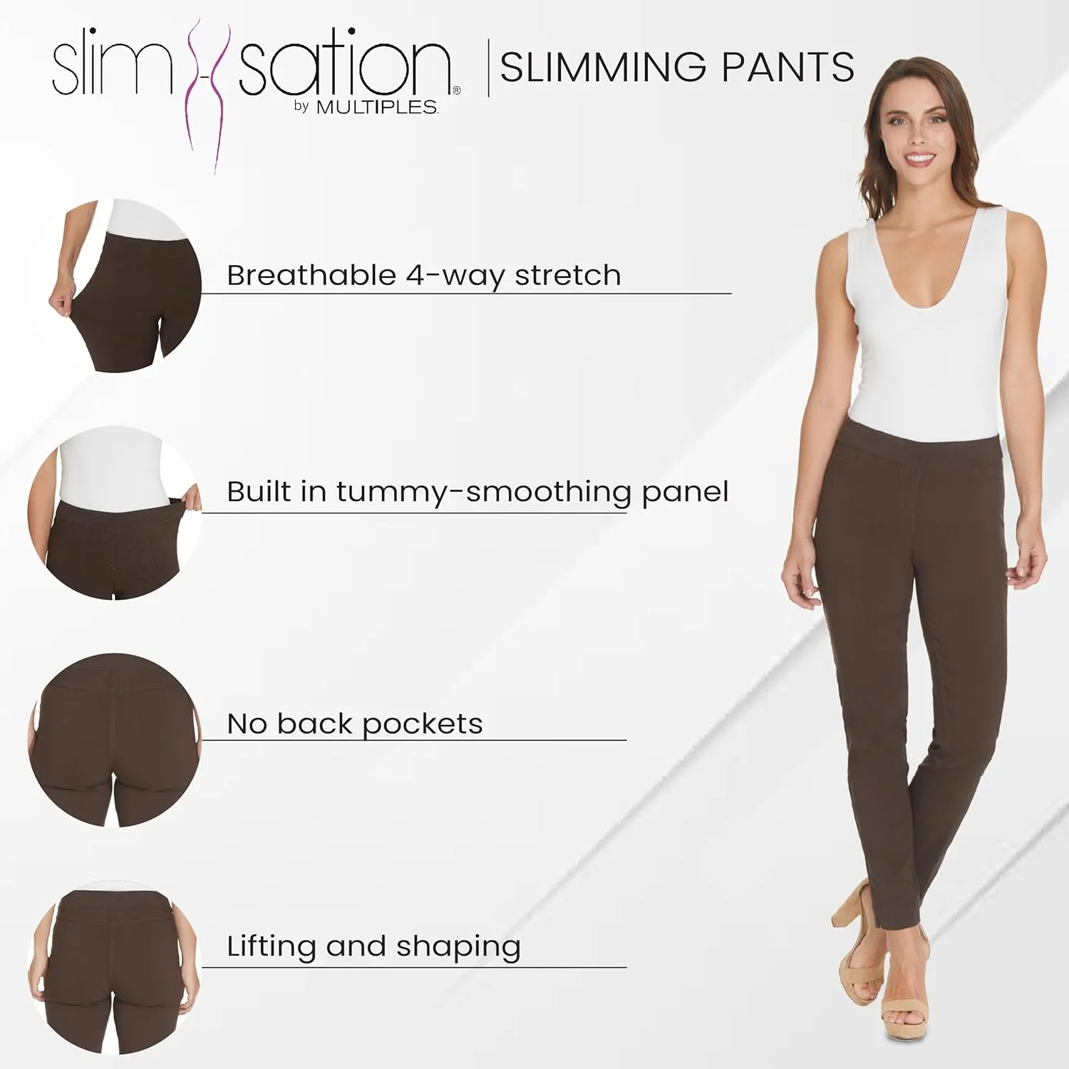 SLIM-SATION Women Slimming Tummy Control Wide Band Regular Length Pull-on Straight Leg Pant