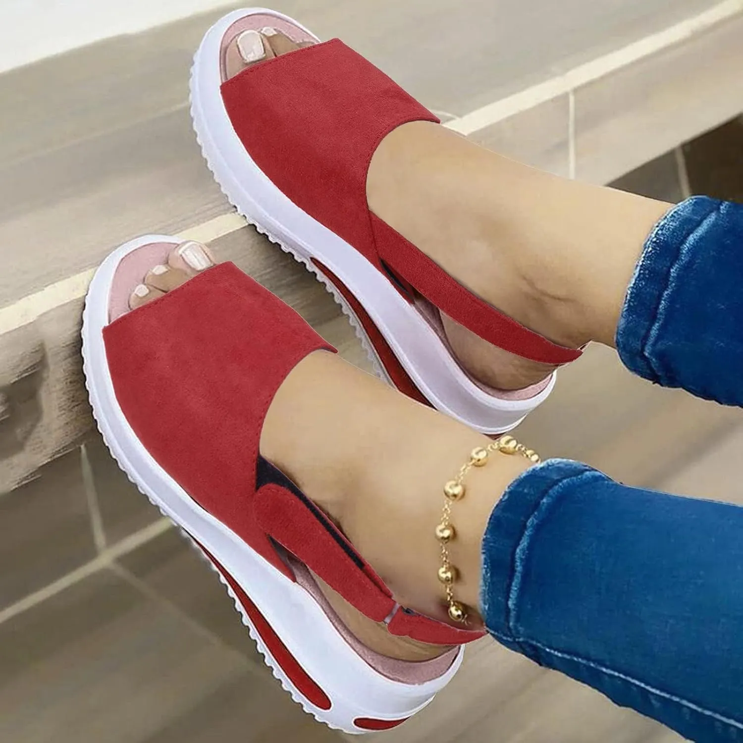 Slingback Sandals for Women Summer Comfy Open Toe Ankle Strap Hook&Loop Wedge Mouth Casual Dressy 2025 Platform Beach Shoes Shallow Non-Slip Espadrilles Trendy Slip On Buckle Wedges Flats