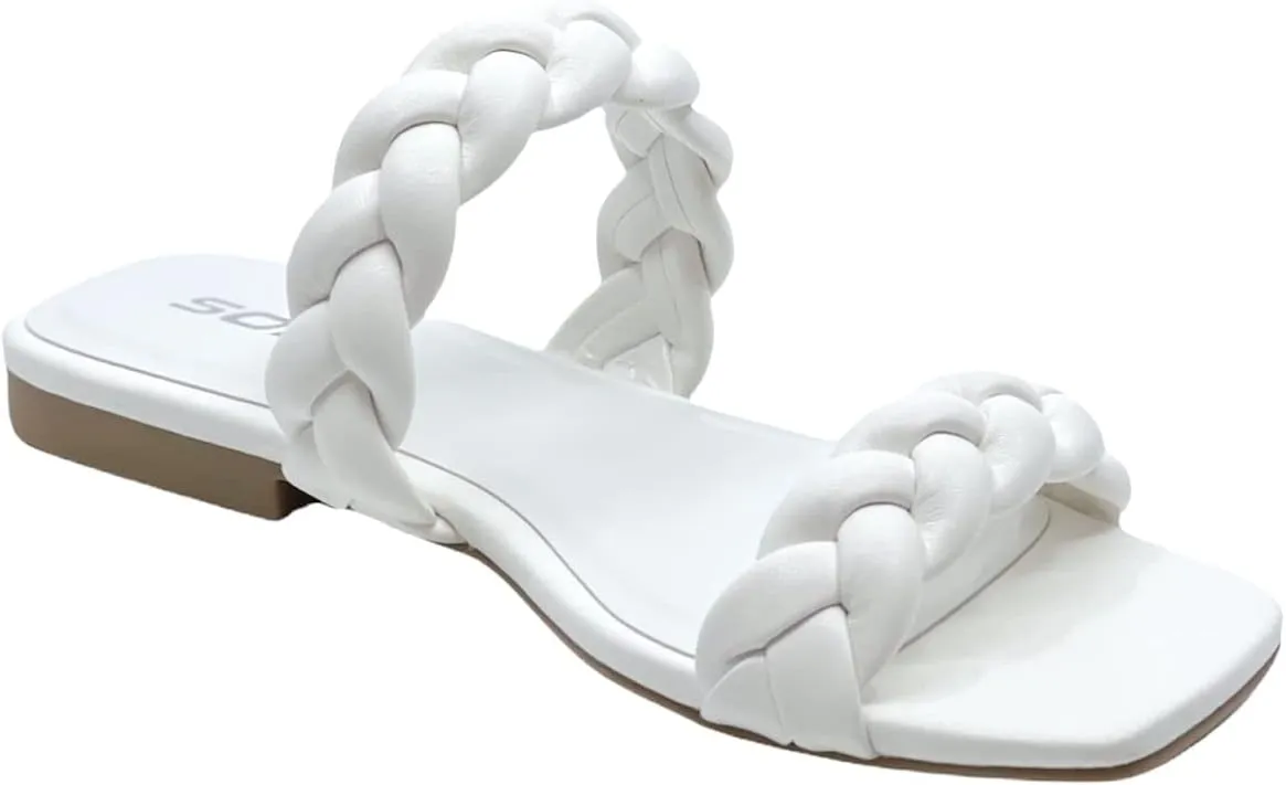Soda Women's Square Open Toe Flat Sandals Braided Strap Slip-on Slides Woven Sandals Vault White 7.5